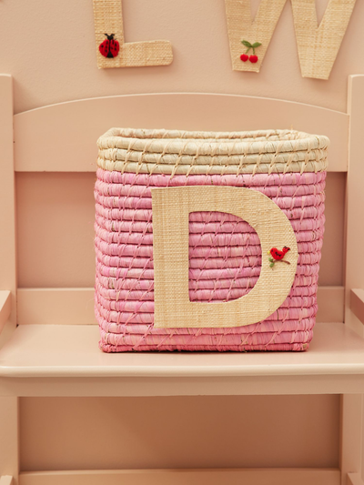 Raffia Basket in Soft Pink in Nature Border with One Raffia Letter - D - Rice By Rice