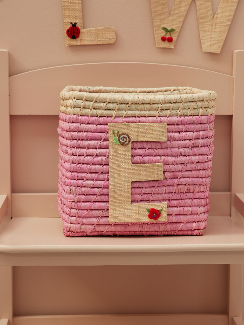 Raffia Basket in Soft Pink in Nature Border with One Raffia Letter - E - Rice By Rice