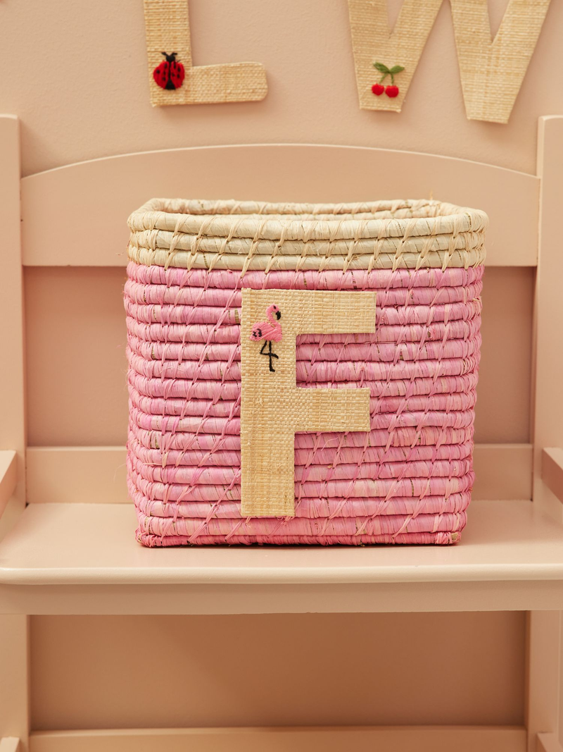 Raffia Basket in Soft Pink in Nature Border with One Raffia Letter - F - Rice By Rice