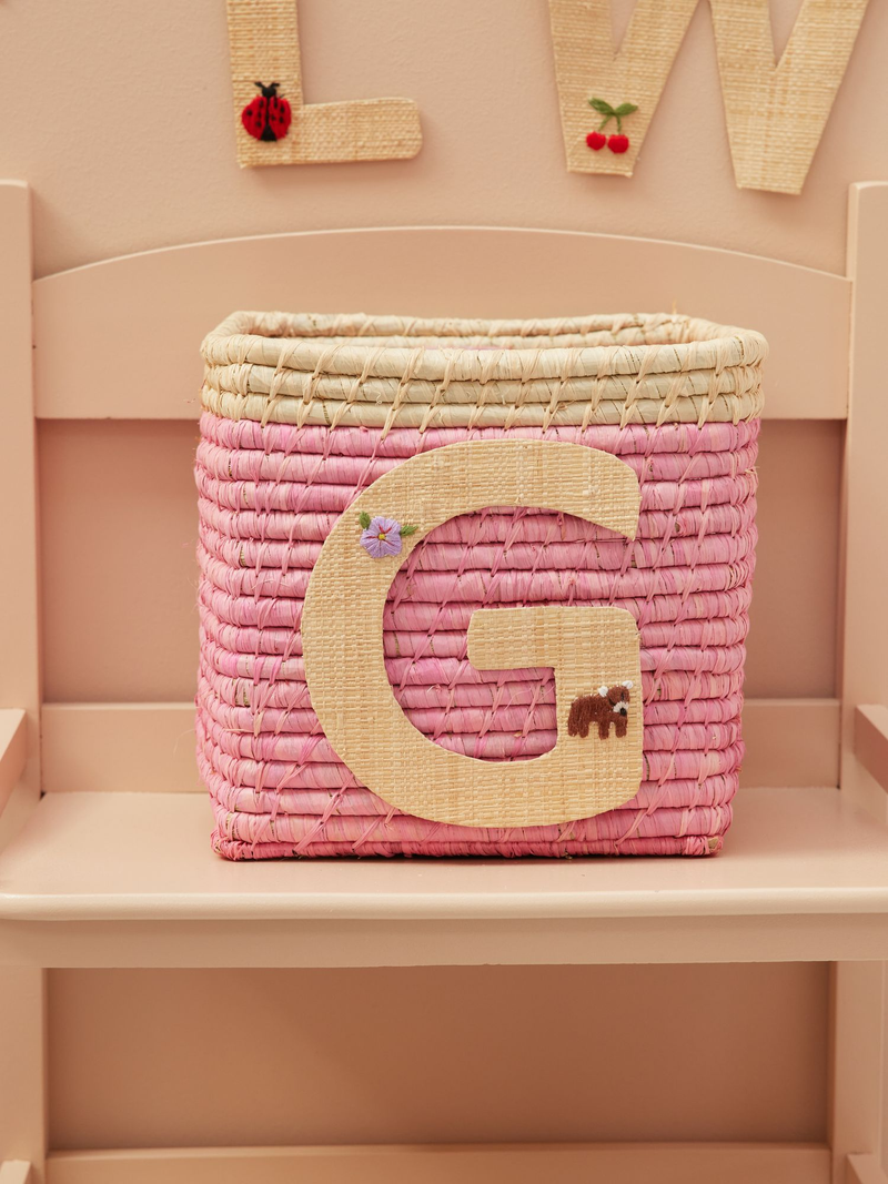 Raffia Basket in Soft Pink in Nature Border with One Raffia Letter - G - Rice By Rice