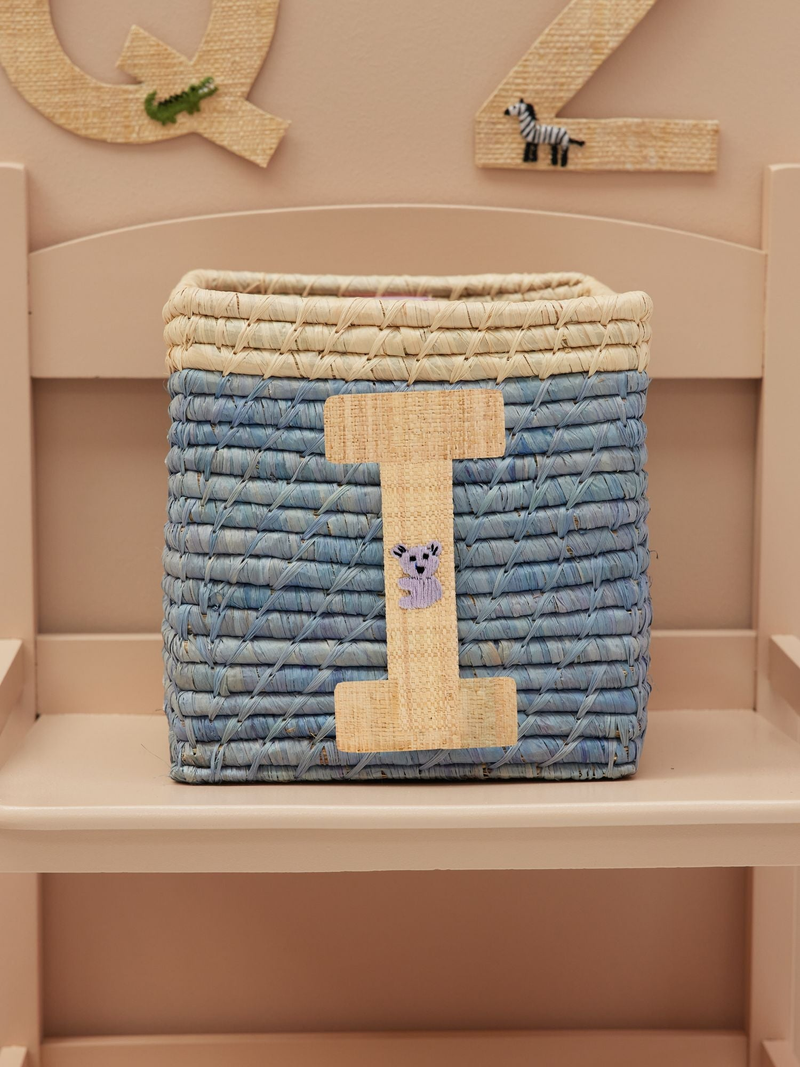Raffia Basket in Blue with Nature Border with One Raffia Letter - I - Rice By Rice