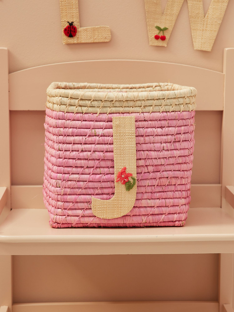 Raffia Basket in Soft Pink in Nature Border with One Raffia Letter - J - Rice By Rice