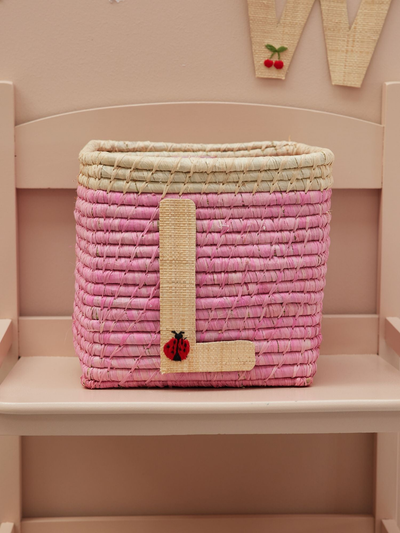 Raffia Basket in Soft Pink in Nature Border with One Raffia Letter - L - Rice By Rice