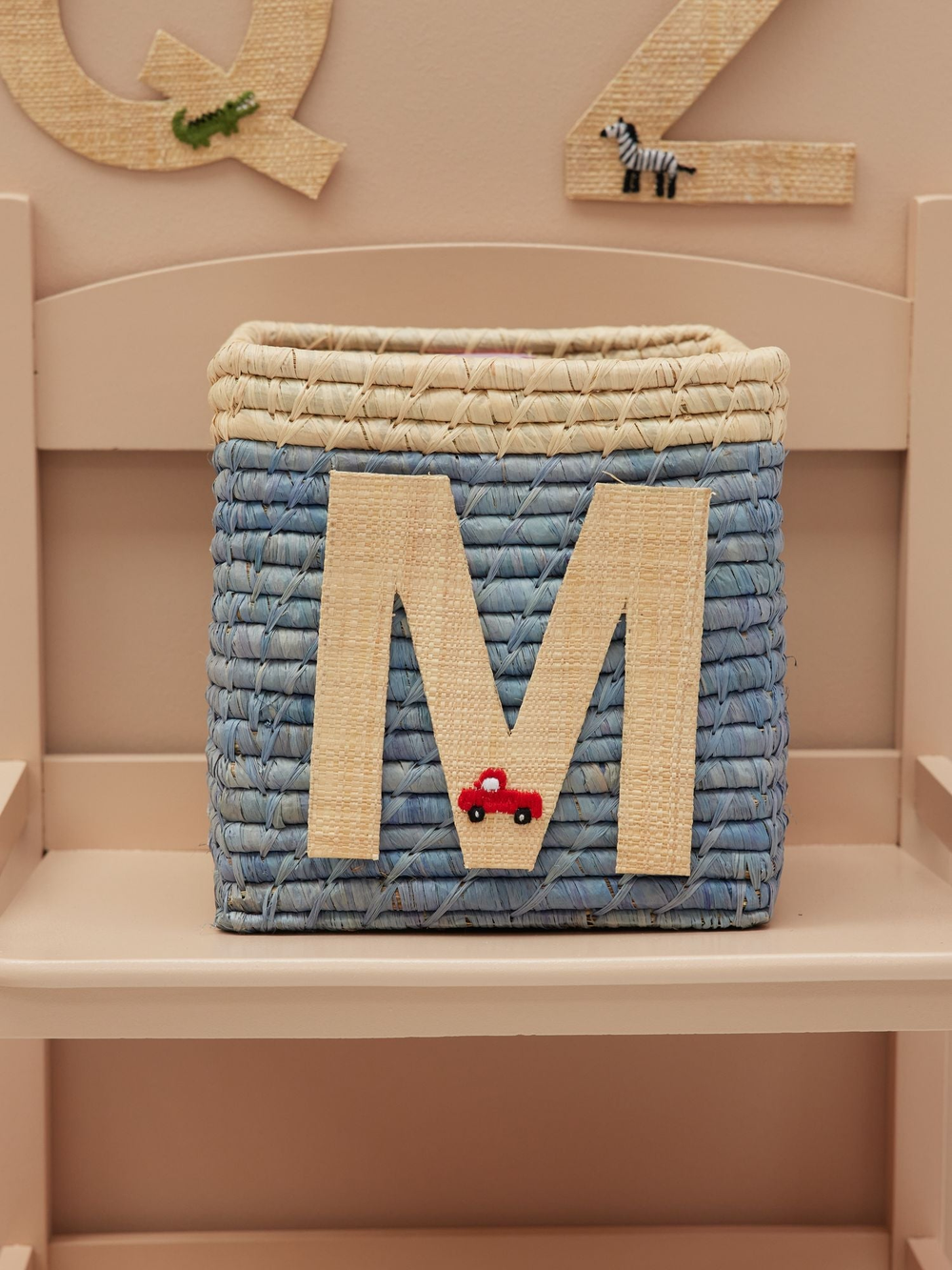 Raffia Basket in Blue with Nature Border with One Raffia Letter - M - Rice By Rice