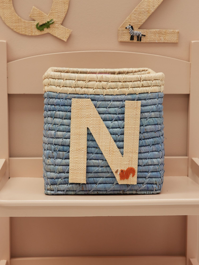 Raffia Basket in Blue with Nature Border with One Raffia Letter - N - Rice By Rice