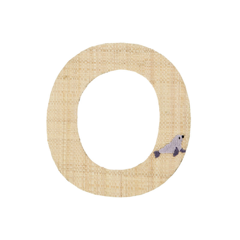 Raffia Basket in Blue with Nature Border with One Raffia Letter - O - Rice By Rice
