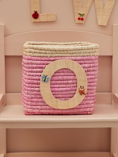 Raffia Basket in Soft Pink in Nature Border with One Raffia Letter - O - Rice By Rice