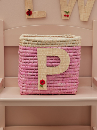 Raffia Basket in Soft Pink in Nature Border with One Raffia Letter - P - Rice By Rice