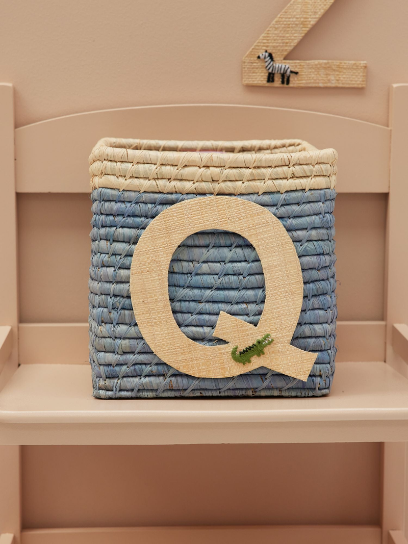 Raffia Basket in Blue with Nature Border with One Raffia Letter - Q - Rice By Rice