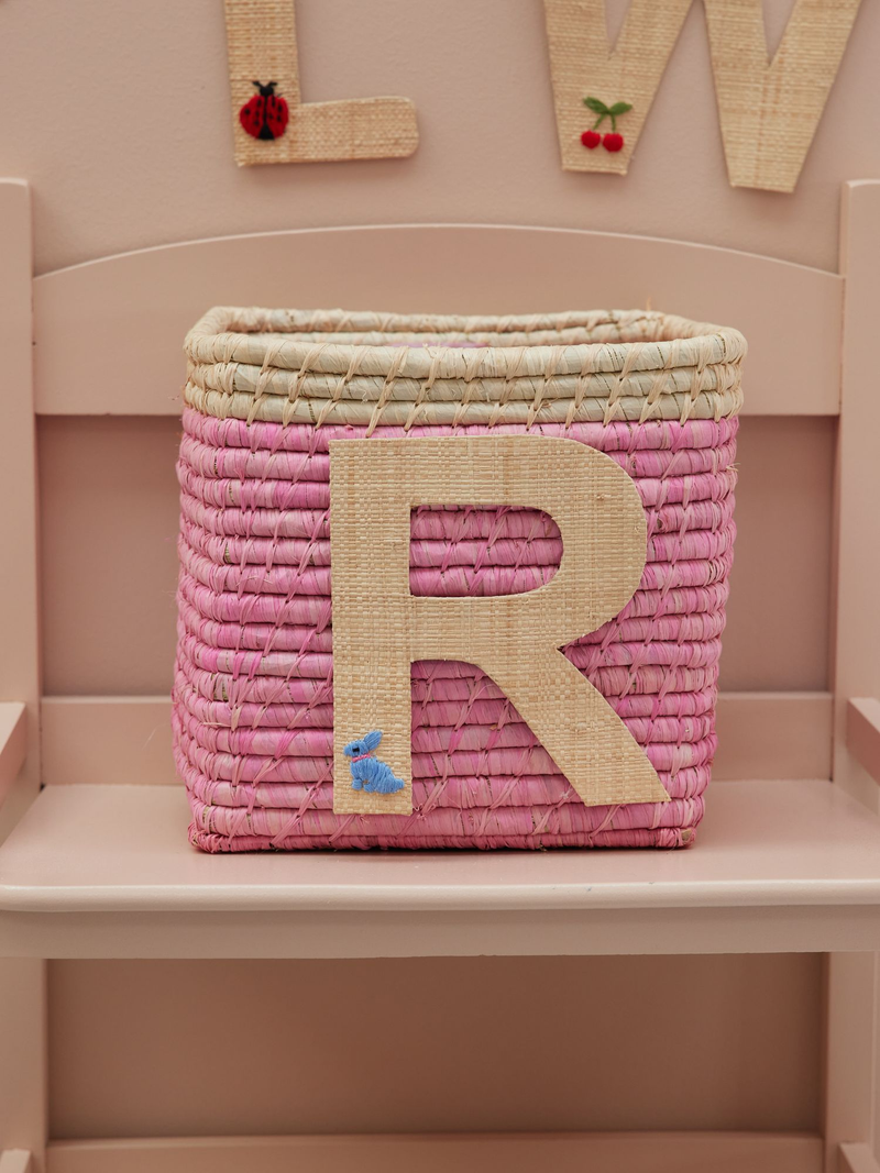 Raffia Basket in Soft Pink in Nature Border with One Raffia Letter - R - Rice By Rice