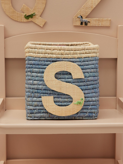 Raffia Basket in Blue with Nature Border with One Raffia Letter - S - Rice By Rice