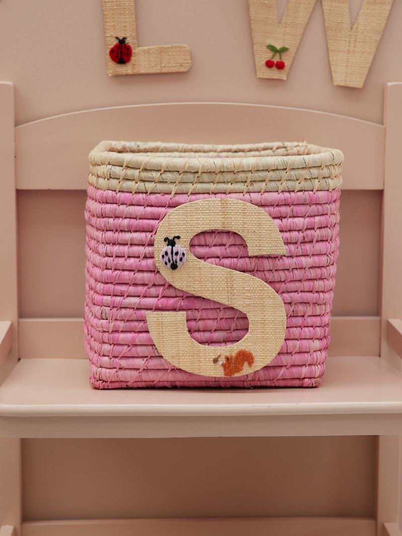 Raffia Basket in Soft Pink in Nature Border with One Raffia Letter - S - Rice By Rice