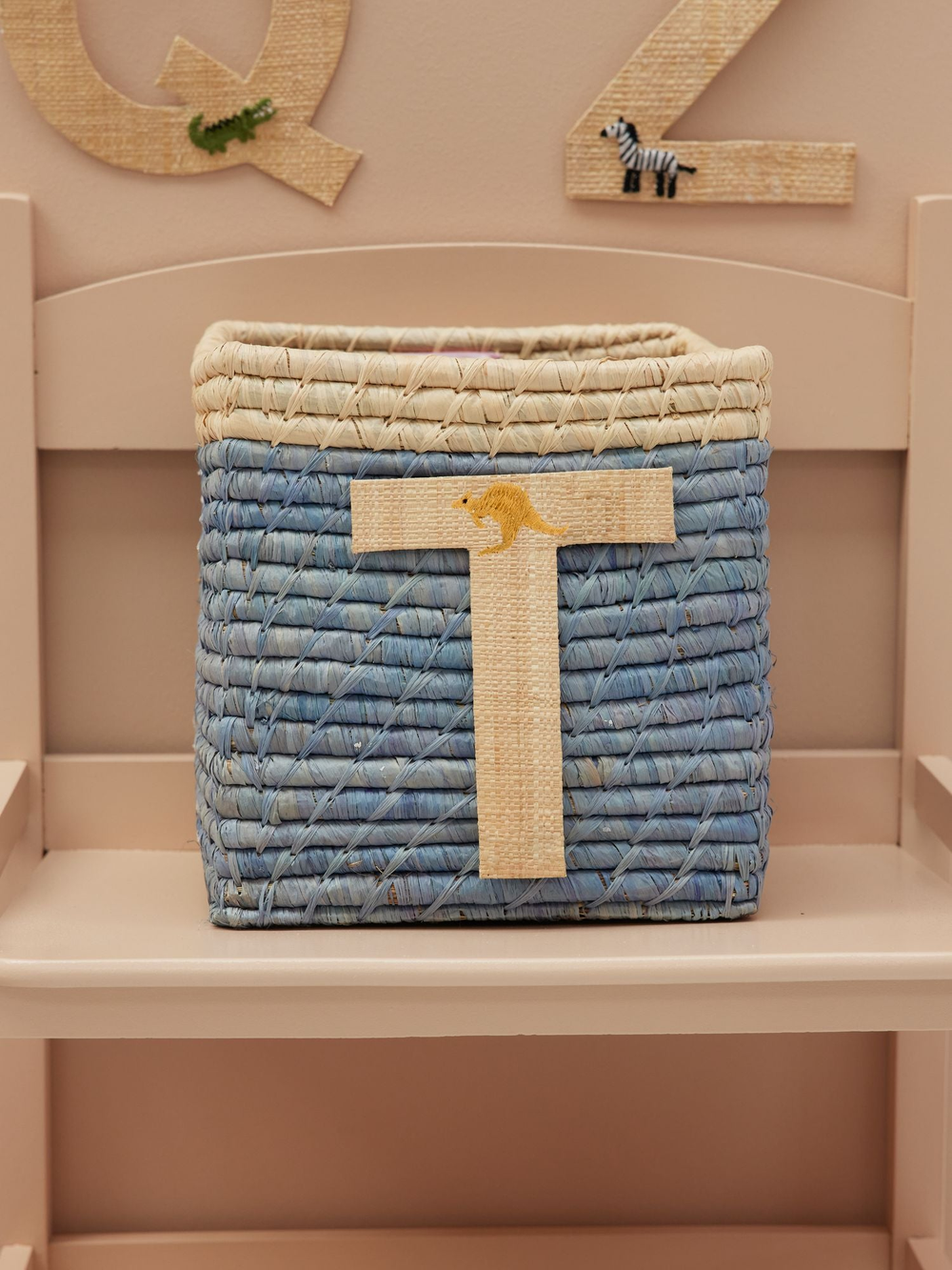 Raffia Basket in Blue with Nature Border with One Raffia Letter - T - Rice By Rice