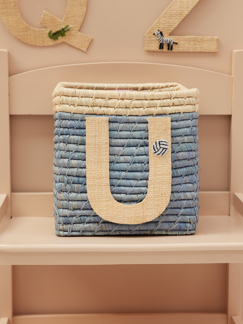 Raffia Basket in Blue with Nature Border with One Raffia Letter - U - Rice By Rice