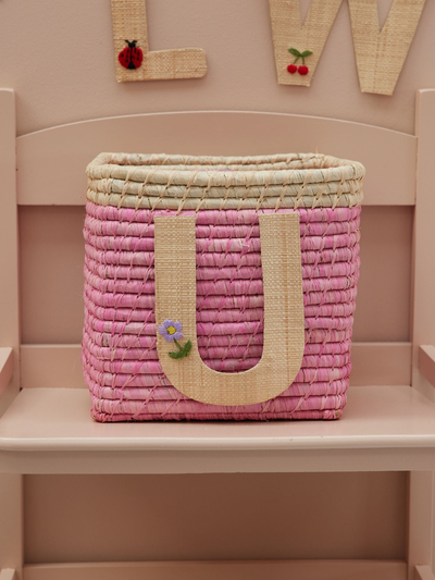 Raffia Basket in Soft Pink in Nature Border with One Raffia Letter - U - Rice By Rice