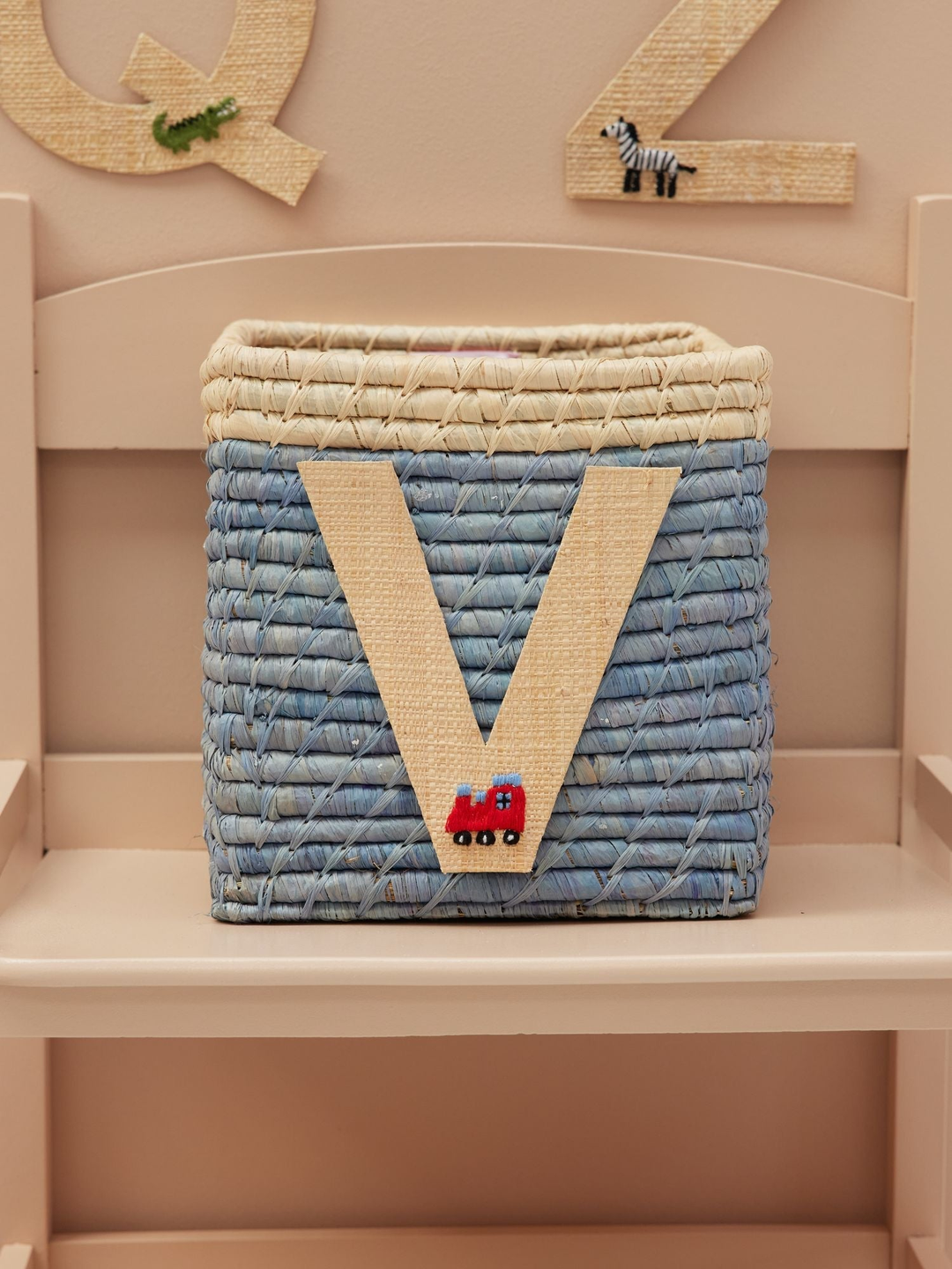 Raffia Basket in Blue with Nature Border with One Raffia Letter - V - Rice By Rice