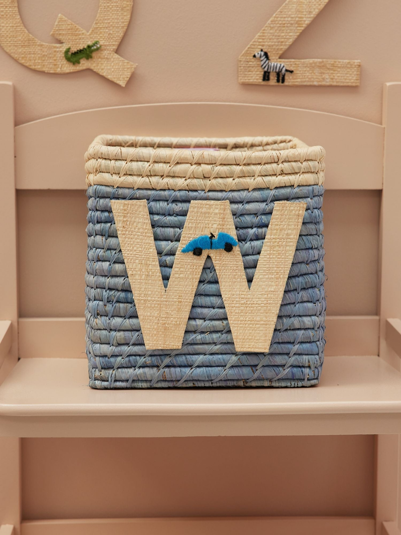 Raffia Basket in Blue with Nature Border with One Raffia Letter - W - Rice By Rice