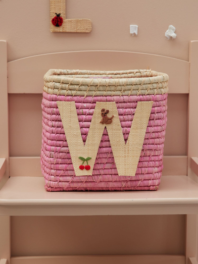 Raffia Basket in Soft Pink in Nature Border with One Raffia Letter - W - Rice By Rice