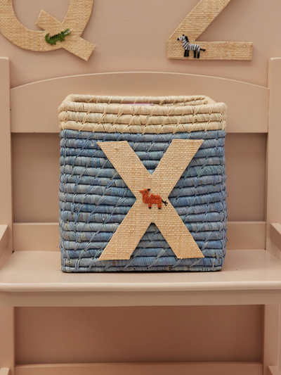 Raffia Basket in Blue with Nature Border with One Raffia Letter - X - Rice By Rice