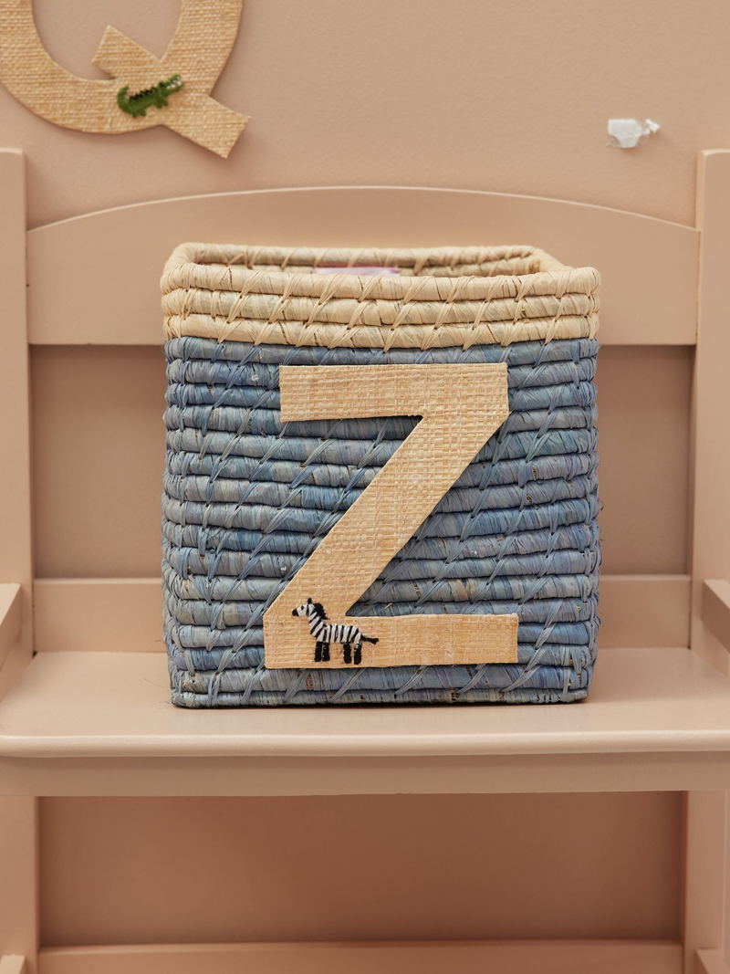 Raffia Basket in Blue with Nature Border with One Raffia Letter - Z - Rice By Rice