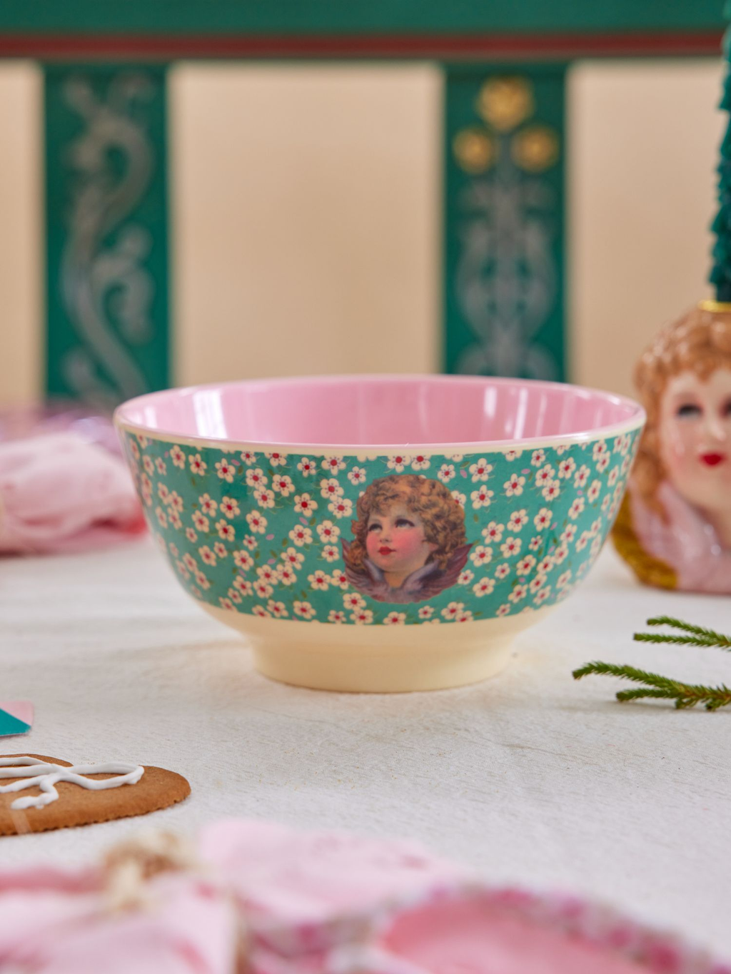 Melamine Bowl with Angel Green Christmas Print - Medium