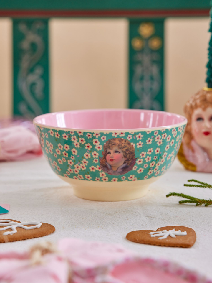 Melamine Bowl with Angel Green Christmas Print - Medium - Rice By Rice