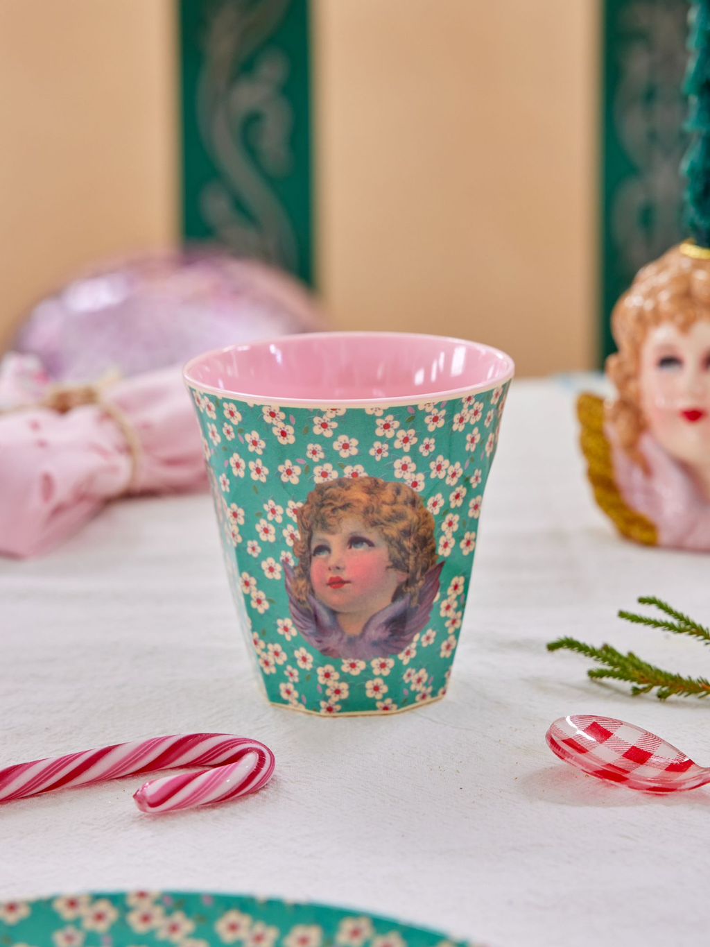 Melamine Cup in Medium with Christmas Green Angel Print - Rice By Rice