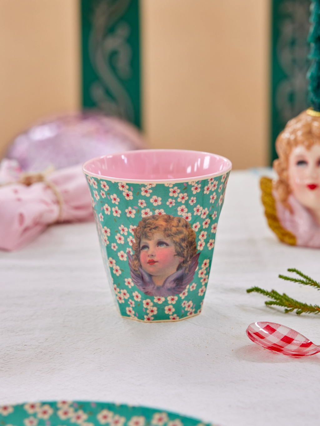 Melamine Cup in Medium with Green Angel Print - Rice By Rice