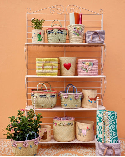 Raffia Storage Basket - Natural - Flower Print - Rice By Rice