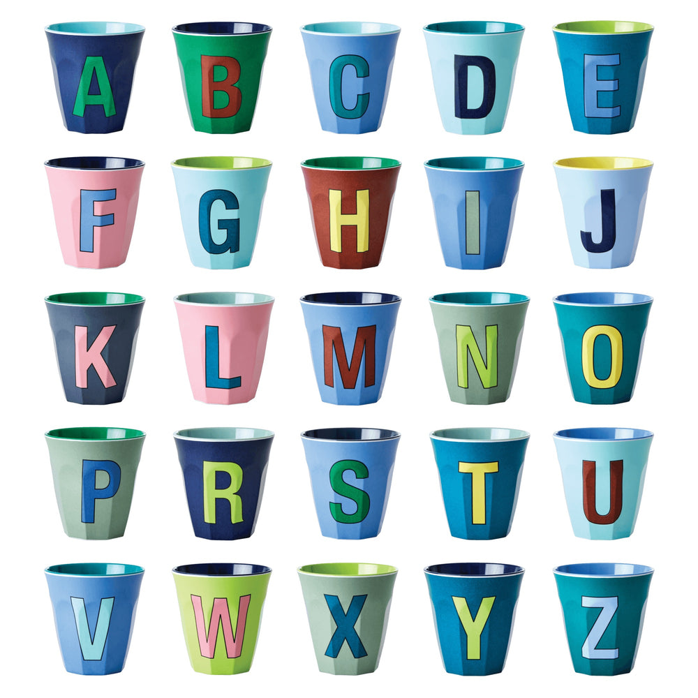 Two Melamine Cups - Medium with Alphabet in Bluish Colors | Letter E - Rice By Rice