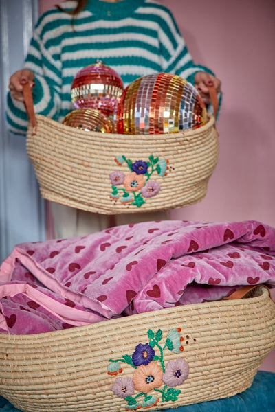 Raffia Big Oval Basket in Nature with Hand painted Embroidered Flowers and Leather Handles - SOLD INDIVIDUALLY - Rice By Rice