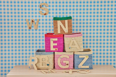 Raffia Basket in Soft Pink in Nature Border with One Raffia Letter - Z - Rice By Rice