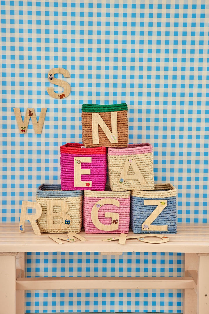 Raffia Basket in Blue with Nature Border with One Raffia Letter - T - Rice By Rice