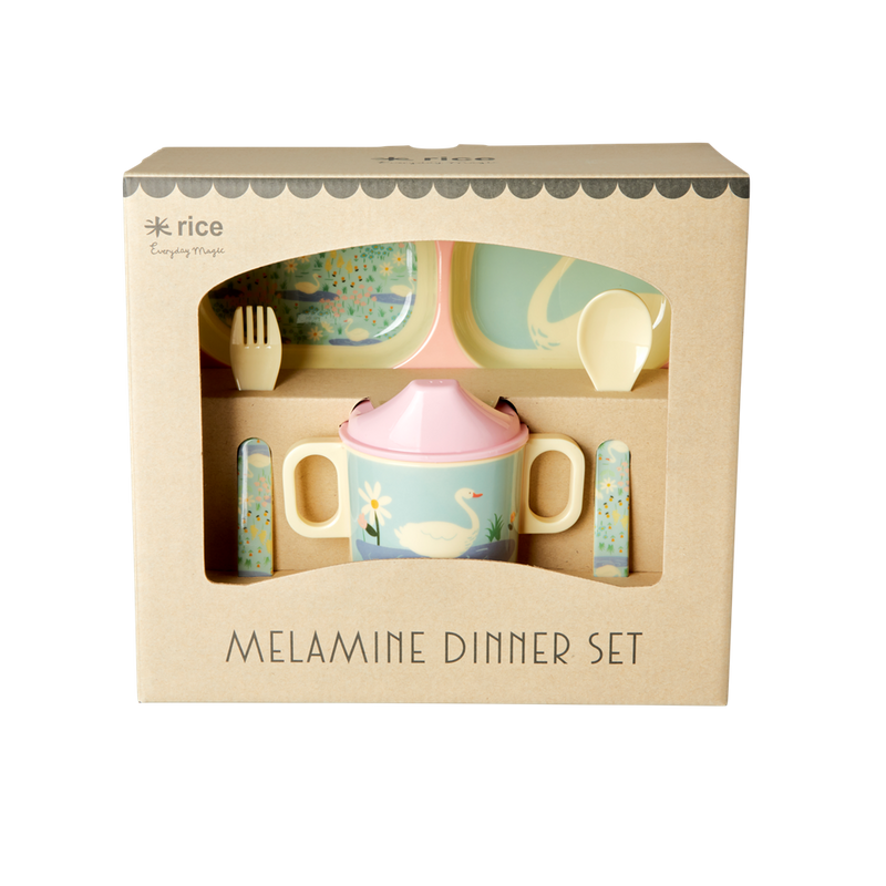 Melamine Baby Dinner Set in Gift Box - Swan Print - 4 pcs. - Rice By Rice
