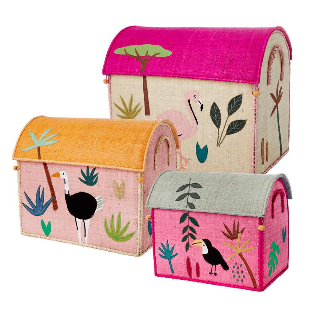 Raffia Storage Baskets with Jungle Pink Theme - Set of Three - - Rice By Rice