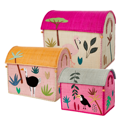 Raffia Storage Baskets with Jungle Pink Theme - Set of Three - Rice By Rice