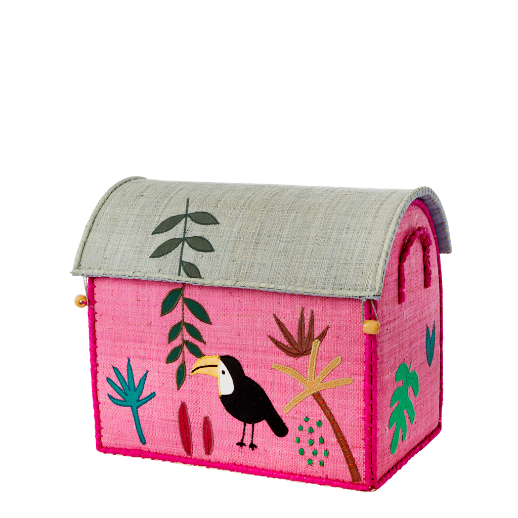 Small Raffia Storage Basket with Jungle Pink Theme - Rice By Rice