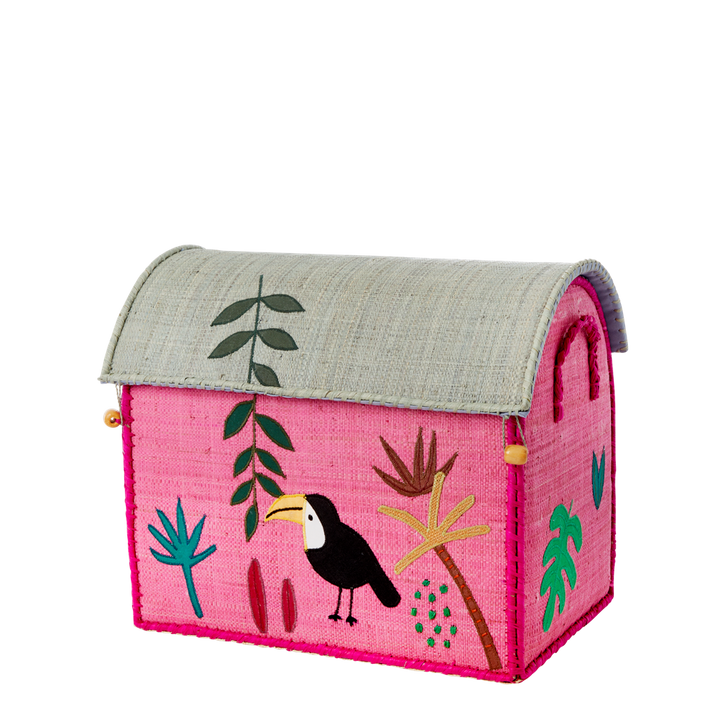 Small Raffia Storage Basket with Jungle Pink Theme - Rice By Rice