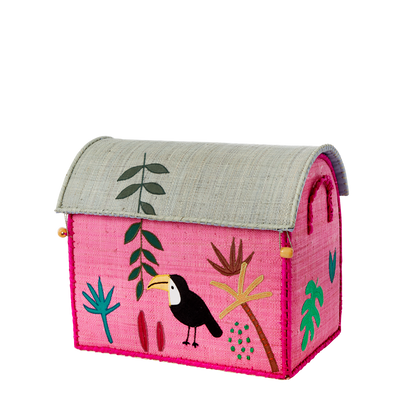 Small Raffia Storage Basket with Jungle Pink Theme - Rice By Rice