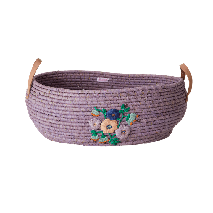 Raffia Big Oval Basket in Lavender with Hand Embroidered Flowers and Leather Handles - SOLD INDIVIDUALLY - Rice By Rice