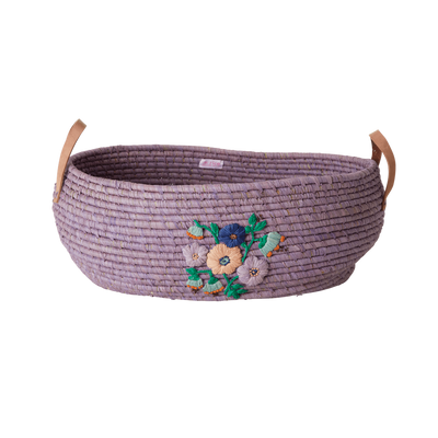 Raffia Big Oval Basket in Lavender with Hand Embroidered Flowers and Leather Handles - SOLD INDIVIDUALLY - Rice By Rice