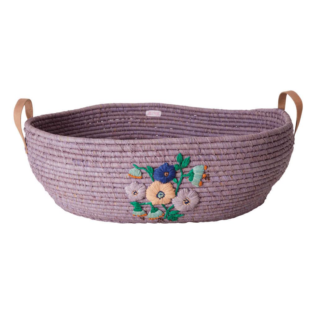 Raffia Big Oval Basket in Lavender with Hand Embroidered Flowers and Leather Handles - SOLD INDIVIDUALLY - Rice By Rice