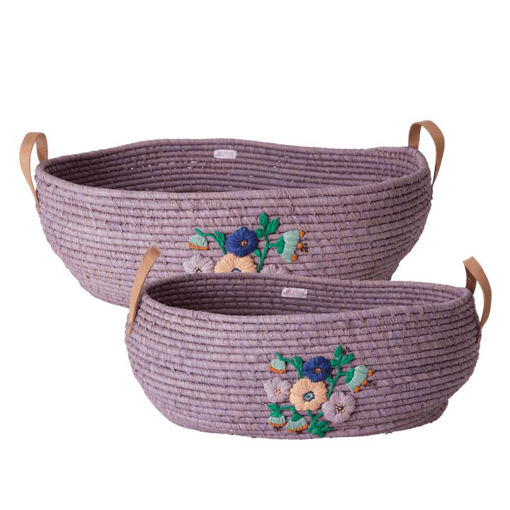 Raffia Big Oval Basket in Lavender with Hand Embroidered Flowers and Leather Handles - SOLD INDIVIDUALLY - Rice By Rice