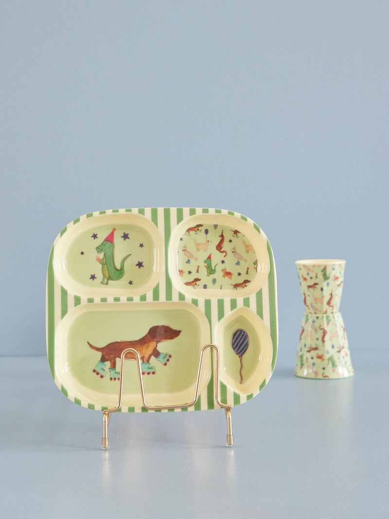 Melamine Kids 4 Room Plate - Green - Party Animal Print - Rice By Rice