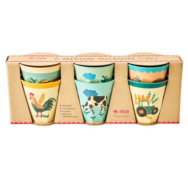 Melamine Kids Cups in Blue Farm Prints - Medium - 6 pcs. in Gift Box - Rice By Rice