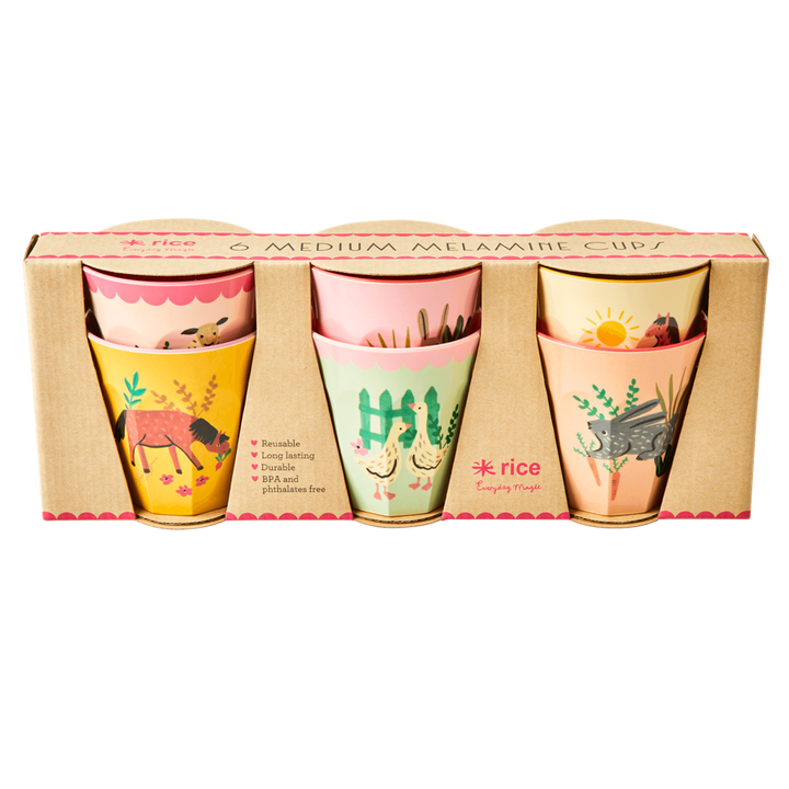 Melamine Kids Cups in Pink Farm Prints - Medium - 6 pcs. in Gift Box - Rice By Rice