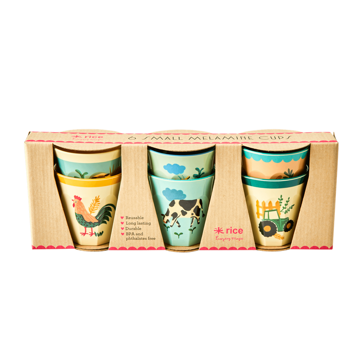 Melamine Kids Cups in Blue Farm Prints - Small - 6 pcs. in Gift Box - Rice By Rice