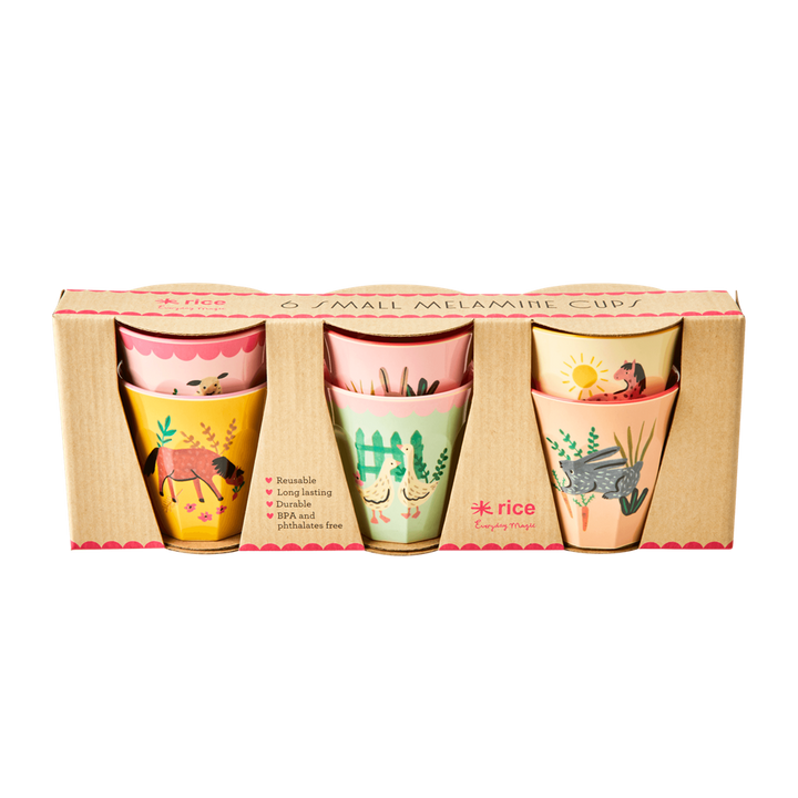 Melamine Kids Cups in Pink Farm Prints - Small - 6 pcs. in Gift Box - Rice By Rice