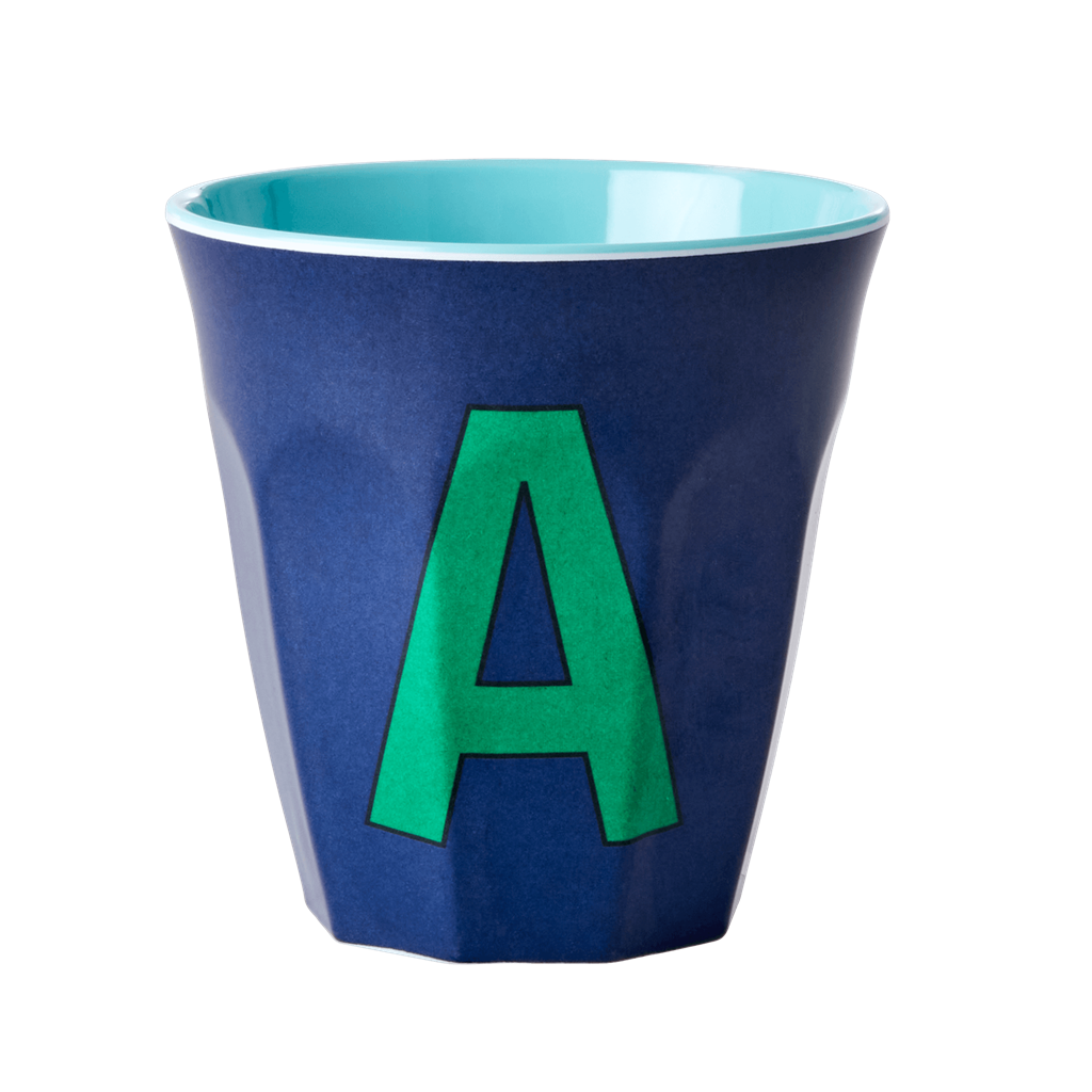 Two Melamine Cups - Medium with Alphabet in Bluish Colors | Letter A - Rice By Rice