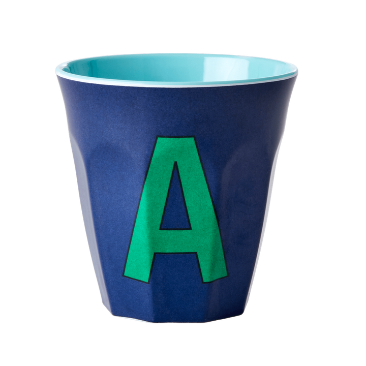 Two Melamine Cups - Medium with Alphabet in Bluish Colors | Letter A - Rice By Rice